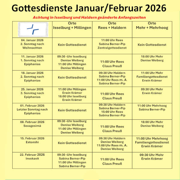 Gottesdienste Januar/Februar 2026
